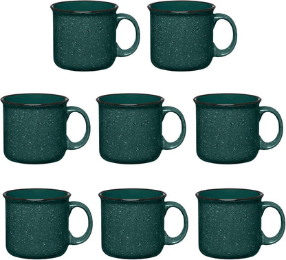 Set of 8 Ceramic Campfire Mugs – 15 Oz, Green – Coffee & Tea Cups for Home, Work, Travel, Camping – Customizable, Great for DIY, Events, Companies