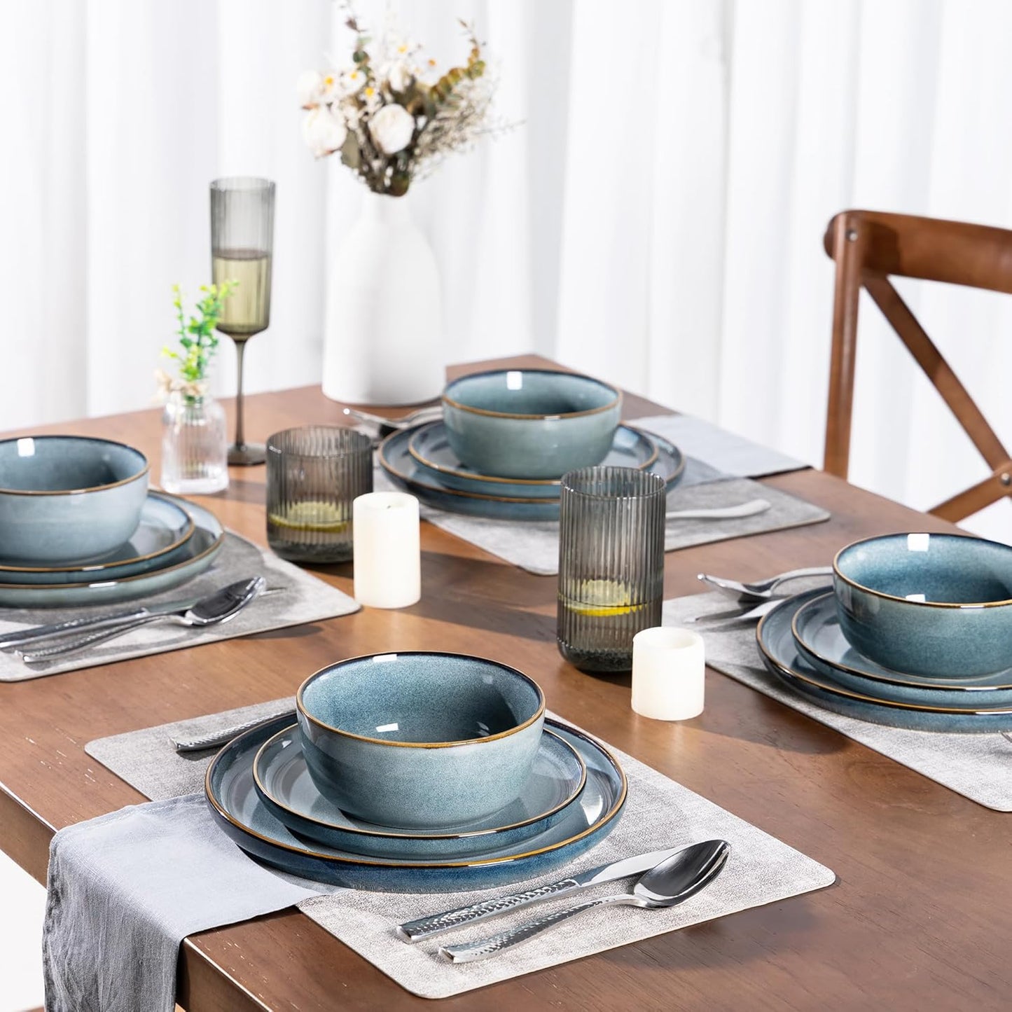 GBHOME Ceramic Dinnerware Sets for 4, 12 Pieces Stoneware Plates and Bowls Sets, Reactive Glaze Dishes -Scratch Resistant, Dishwasher&Microwave Safe, Space Blue