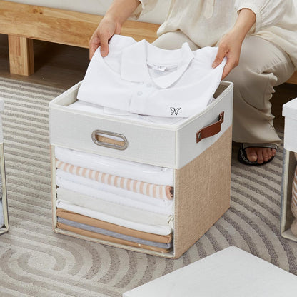 Fabric Storage Cubes with Clear Windows and Lids, 13'' Foldable Storage Bins with 3 Handles, Decorative Storage Boxes for Home, Bedroom, Closet, Office (Beige & White)