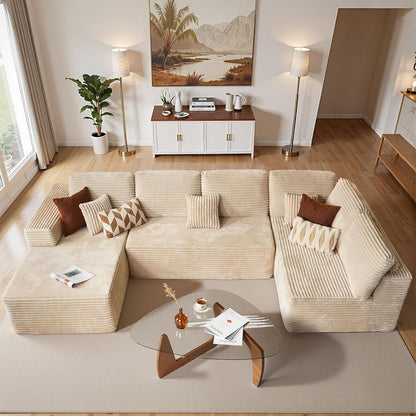 Cloud Sectional Couches for Living Room,U Shaped Modular Sofas No Assembly,133x68 Inches Plush Corduroy Oversized Floor Couch Set with Deep Seat Chaise,Beige