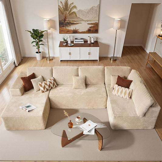 Cloud Sectional Couches for Living Room,U Shaped Modular Sofas No Assembly,133x68 Inches Plush Corduroy Oversized Floor Couch Set with Deep Seat Chaise,Beige