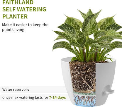 FaithLand 3-Pack Large Planter Pots, 12 10 9 Inch Self Watering Flower Pots for Indoor Outdoor Garden Plants, White with Brown