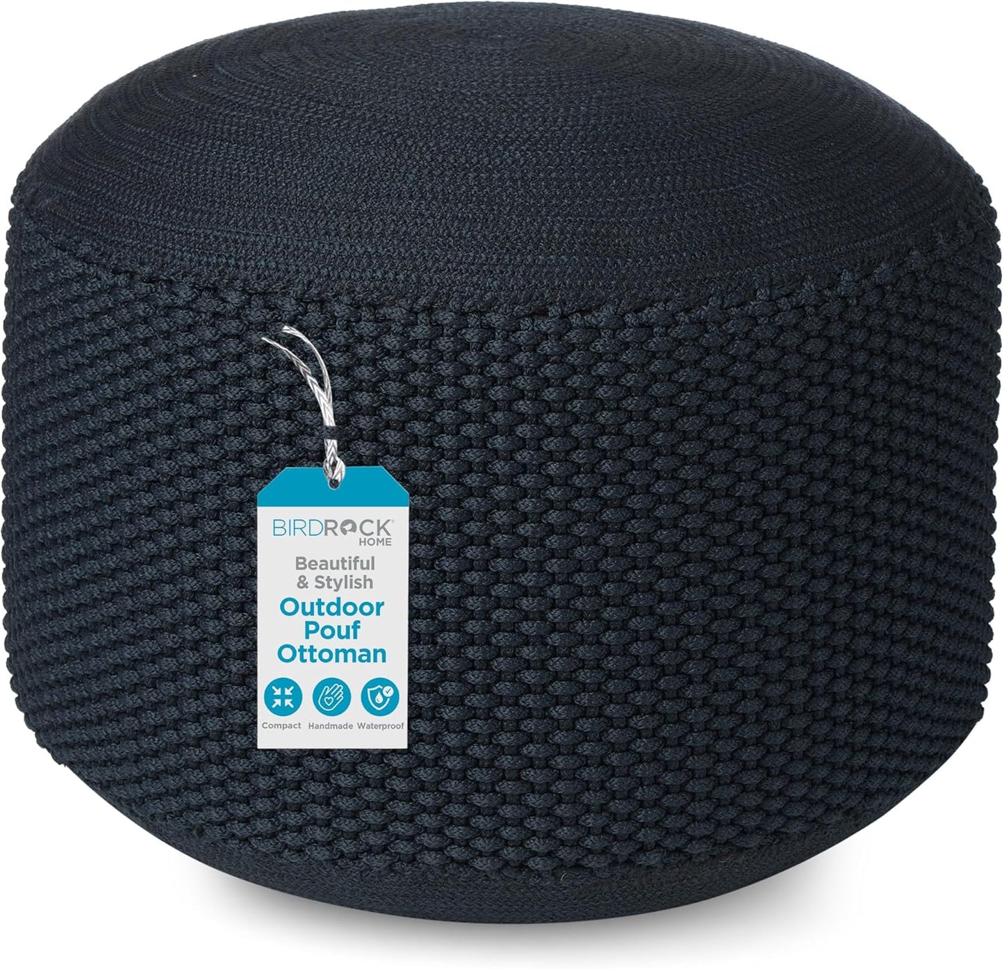 BIRDROCK HOME Outdoor Pouf Ottoman | Hand Woven Waterproof Foot Stool with Bead Bag Filling | Boho Foot Rest for Patio, Living Room, Porch & Outdoor Seating | Lightweight, Soft Stuffed Chair | Navy