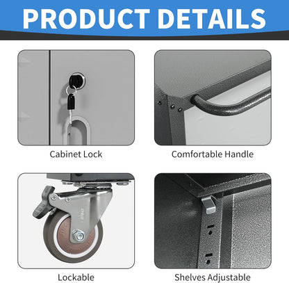 Metal Storage Cabinet with Wheels, Rolling Tool Cabinet with Adjustable Shelve, Locking Garage Storage Cabinet with 4 Drawer and 1 Door for Tools, Assembly Required (Black/Grey)