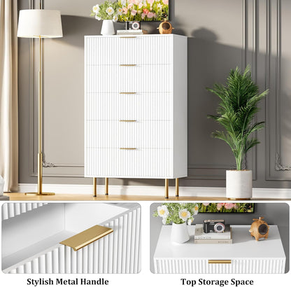 Fluted Wood Dresser 5 Drawers Dresser for Bedroom, Modern White Tall Dressers with Gold Handle, Wood Drawer Organizer for Bedroom, Living Room, Hallway, Entryway