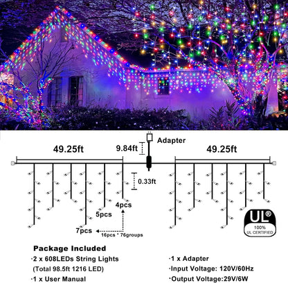Icicle Christmas Lights, 98FT 1216 LED Icicle Lights for Outside with 228 Drops, 8 Modes Waterproof Twinkle String Lights for House Bedroom Wedding Holiday Decorations, Multicolor