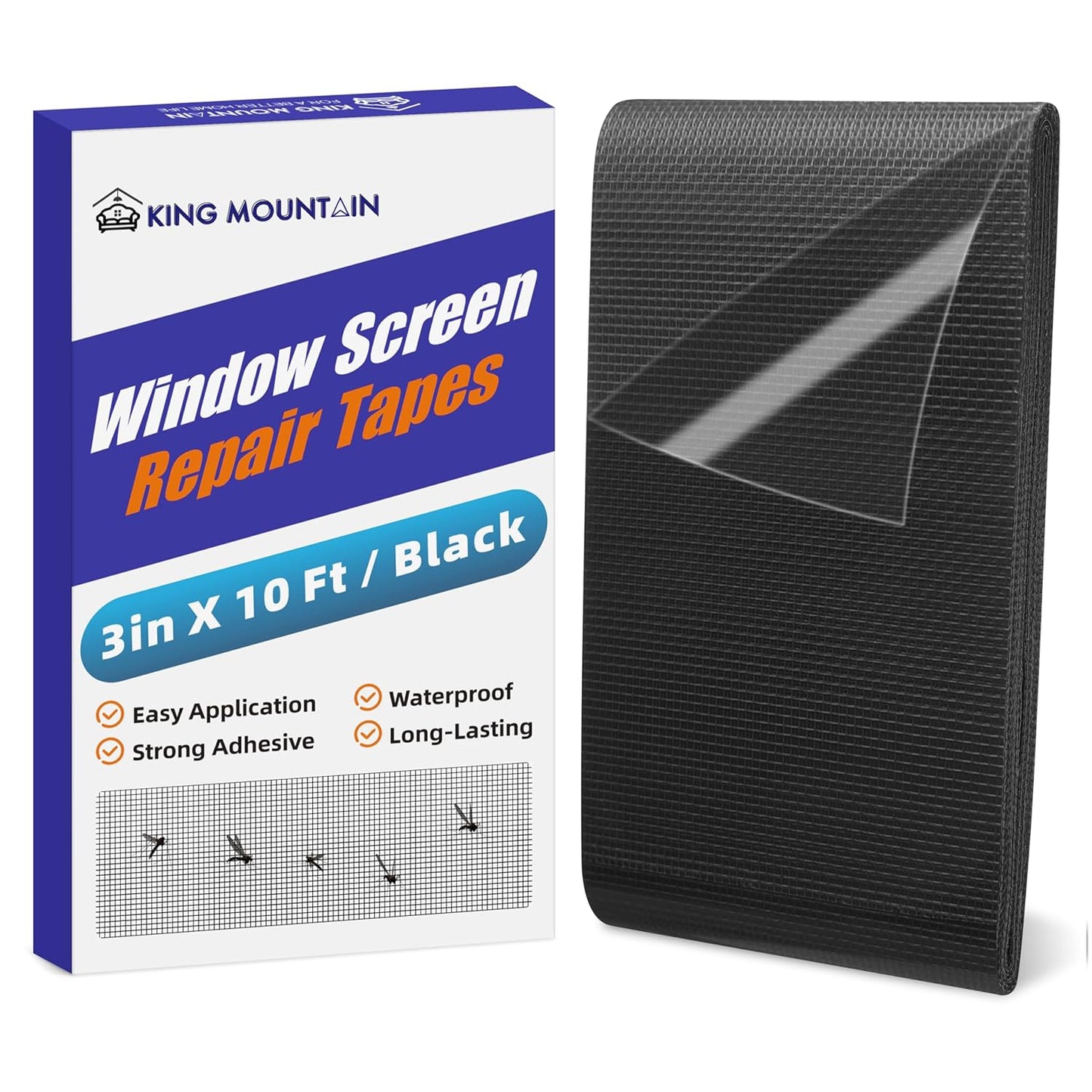 KING MOUNTAIN Black Window Screen Repair Tape,3inX10FT Heavy Duty Screen Repair Kit for Window Screen and Screen Door,Strong Adhesive & Waterproof Window Screen Patch