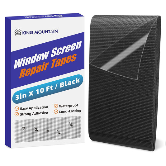KING MOUNTAIN Black Window Screen Repair Tape,3inX10FT Heavy Duty Screen Repair Kit for Window Screen and Screen Door,Strong Adhesive & Waterproof Window Screen Patch