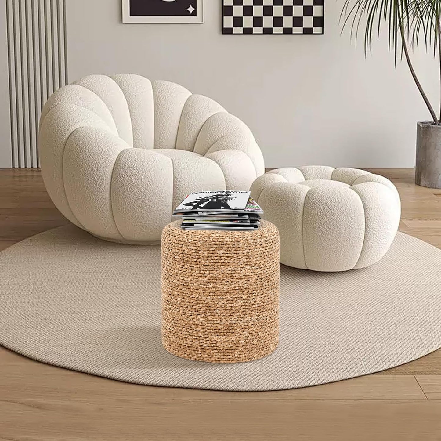 16'' Round Ottoman Natural Seagrass Braided Poof Hand Weaving Round Ottomans Boho Footrest Stool for Home Living Room Bedroom Patio(Natural)