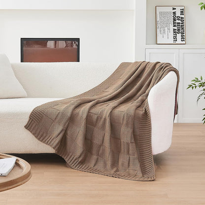 CozeCube Check Knit Throw Blanket, Light Brown Checkered Throw for Couch, Decorative Christmas Soft Cozy Warm Knitted Blanket for Bed Sofa Living Room, 50"X60"