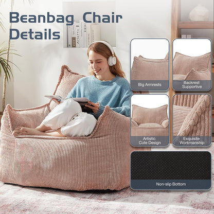 Giant Bean Bag Chair Sofa for Adults Teens, Comfy Corduroy Large Bean Bag Chairs with Armrests for Bedroom Living Room, Adult BeanBag Lazy Sofa Couch Chairs with Filler Included