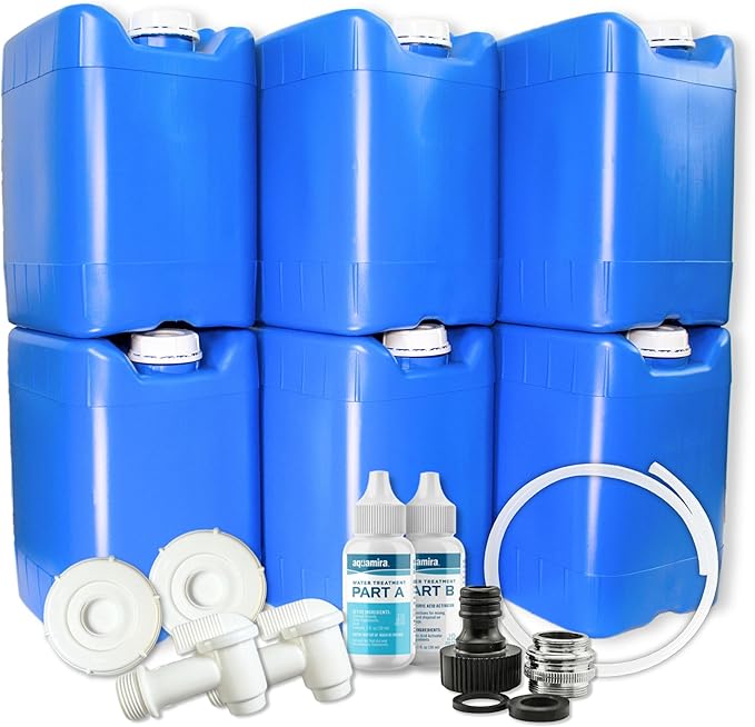 5-Gallon Stackable Water Tanks for Long-Term Emergency Storage | Complete Water Storage Kit for Survival with Lids, Spigot, Water Treatment, Hose & Faucet Attachment (6 Tanks (30 Gallons))