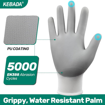 Kebada W1 Work Gloves for Men and Women, 12 Pairs Touchscreen Safety Gloves with Grip, PU-Coated, Ideal for Light & Medium Duty Tasks, White, Small