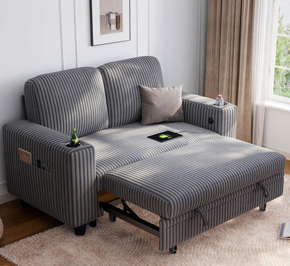LINSY HOME Loveseat Sofa with Pull Out Couch: 2-in-1 Convertible 2 Seater Sofa Chaise with USB Charging & Cup Holders, Comfy Plush Corduroy Love Seat for Small Spaces Living Room Apartment, Grey