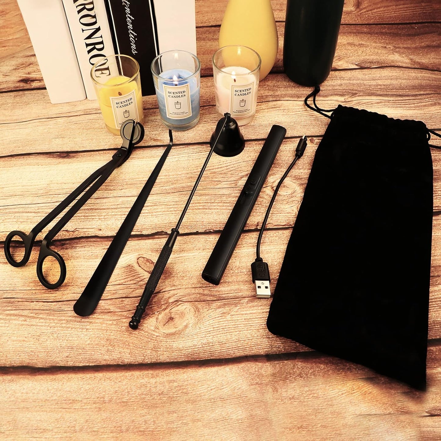 4 IN 1 Candle Wick Trimmer, Electric Candle Lighter Rechargeable, Candle Snuffer, Candle Wick Cutter, Candle Wick Dipper Accessory Candle Making Kit,with Portable Bag for Gifts Candle Lovers (Black)