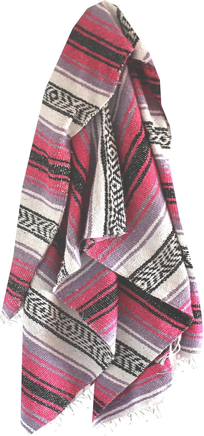 Del Mex Classic Mexican Blanket, Large Authentic Woven Falsa Throw (70"x50"), Artisan Southwest Décor for Beach, Yoga, Outdoors (Pink/Purple)
