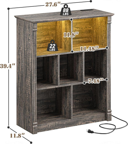 EnHomee 7 Cube Bookshelf Cubby Storage Organizer with LED Lights and Charging Station, Wood Shelf Display Cabinet for Bedroom, Living Room, Office Black Oak