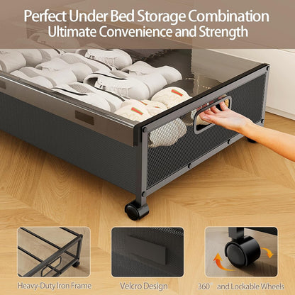 Under Bed Storage Containers with Wheels, 2 Pack Underbed Shoe Storage Organizer with Removable Lids, Large Rolling Under Bed Storage Dresser Drawers for Clothes Toys Shoes Blankets