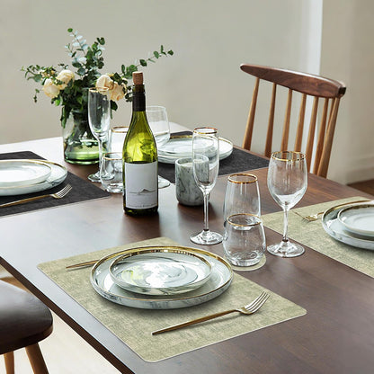 Faux Leather Dual Sided Placemats Set of 6, Square Non-Slip Heat Resistant Placemats with Coaster, Reversible wipeable Waterproof Table Mats for Kitchen, Dining, Outdoor (6, Black Light Green)