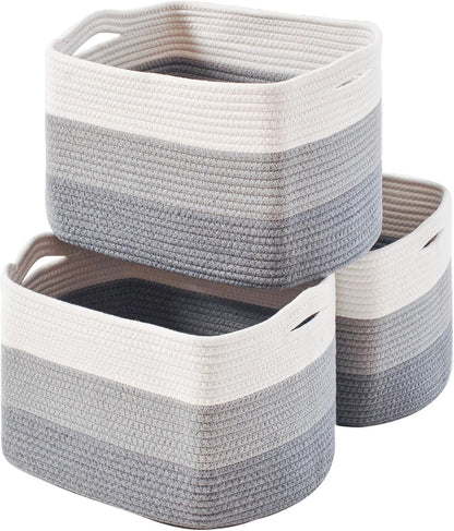 Storage Baskets for Organizing Shelves, Woven Cotton Rope Baskets for Storage Books Towels Toys, Organizing Baskets, Toy Basket for Nursery Bathroom, 15"x11"x9.5", 3 Packs, Gradient Grey