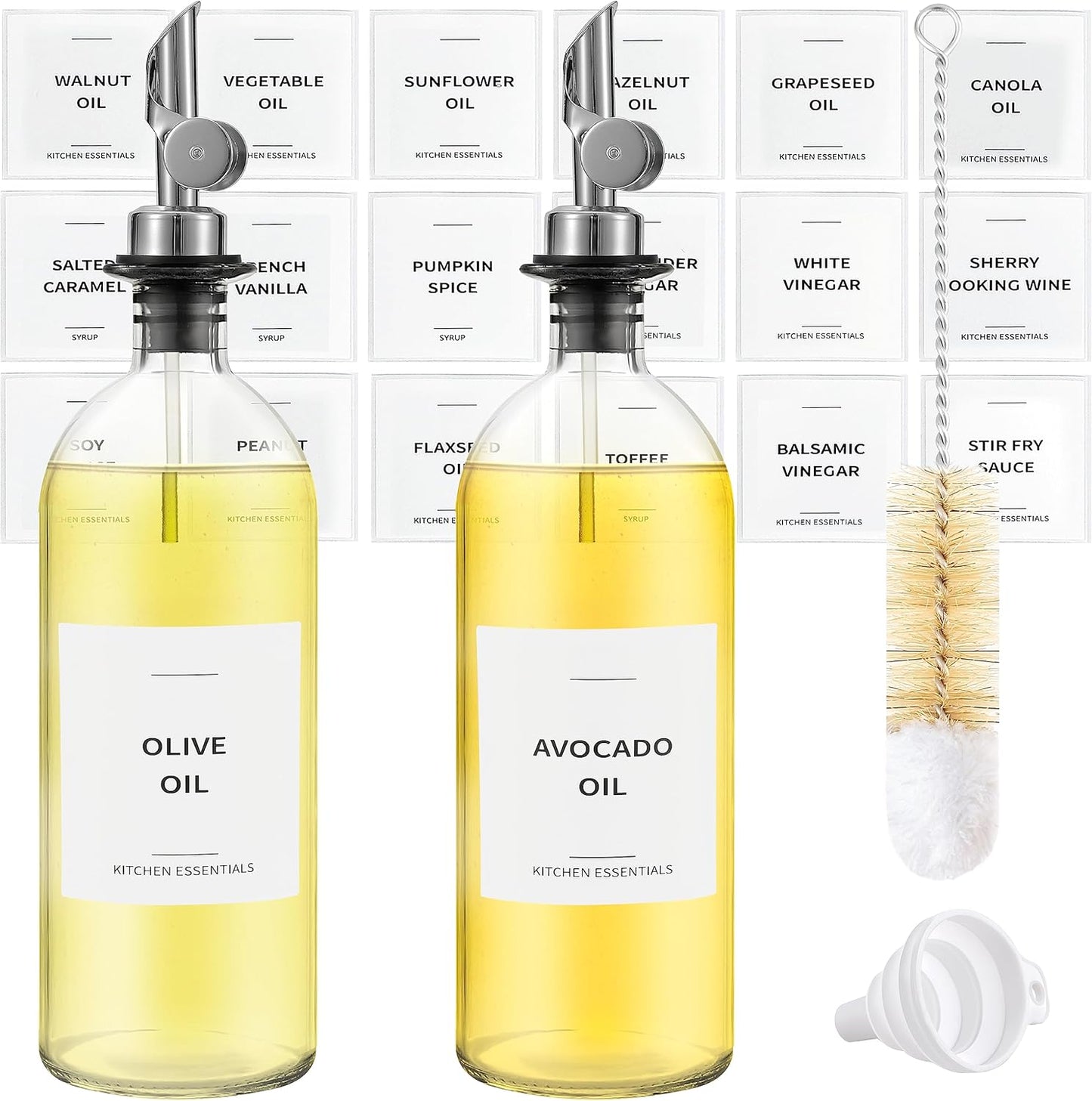 Olive Oil Dispenser Bottle - Includes 55 Kitchen Essential Labels - Cooking Oil Bottles for Kitchen, Coffee Syrup Dispenser - Pourer Spout with 16.9 fl oz Glass Container Cruet - 2pcs Silver