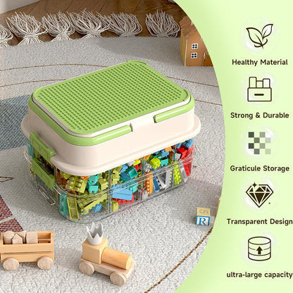 Toy Storage Organizer Box with Handle, Stackable Building Block Toy Box with Building Plate Lid & Removable Sorting Trays, Cubby Bins and Containers 1 Layer (Green)