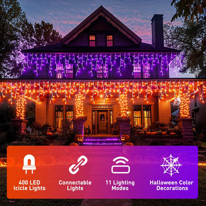 JMEXSUSS 400 LED Color Changing Halloween Lights Outdoor, 38.8ft Orange to Purple Halloween Icicle Lights with Remote, Waterproof String Light Plug in for Outdoor Indoor Party Decor