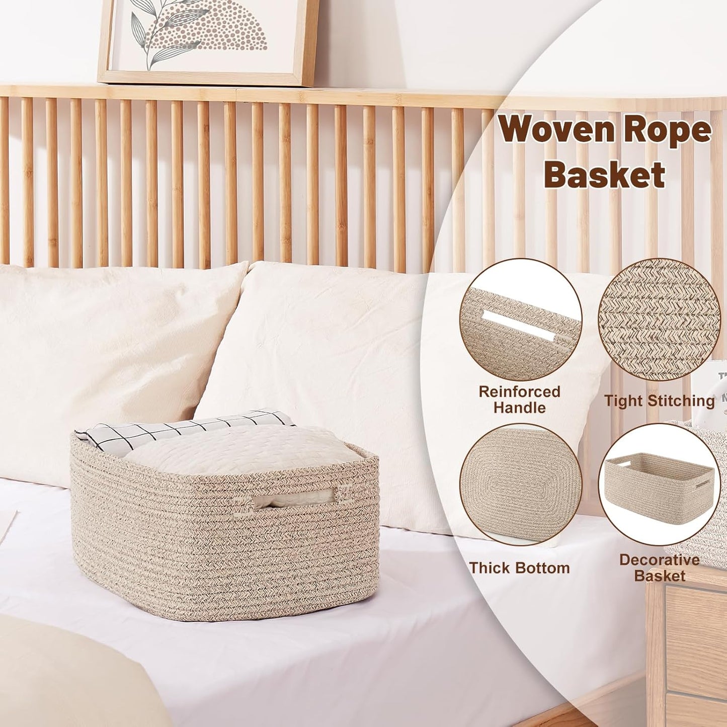 OIAHOMY Storage Basket for Shelves, Closet Cube Storage Bins Baskets for Clothes Blanket Towels, Baby Nursery, Toy Box, Woven Rope Basket, 15.75*11.81*7.09 IN, 2 Packs Brown