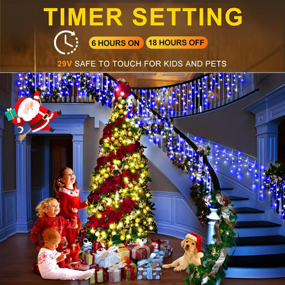 KNONEW Christmas Lights Outdoor Decorations 400 LED 33ft Curtain Fairy String Light with 75 Drops(Blue and White)