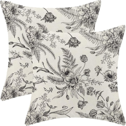 CXMEIFLY Spring Floral Leaves Pillow Covers 20 x 20 Inch Set of 2 for Chinoiserie Flowers Decor Throw Pillows Black and White Seasonal Plant Outdoor Decorative Cushion Cases for Couch Bed Decorations