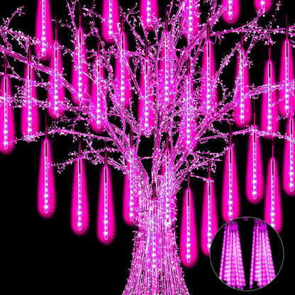 【4 Pack】 Christmas Meteor Shower Rain Lights 12inch, Totally 40 Tube 960 LEDs Icicle Lights Outdoor Raindrop Light for Xmas Halloween Wedding Party Tree Holiday Decoration, Pink
