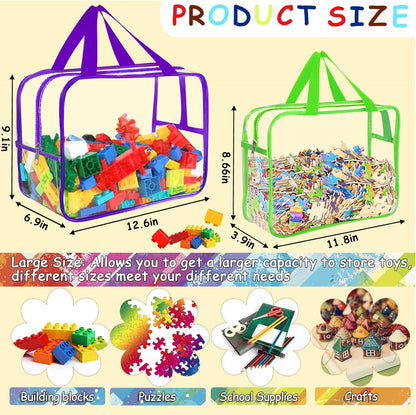 6 Colors Large Toy Storage Bags with Labels, Reusable Clear PVC Board Game Storage, Travel Waterproof Organizer Bags with Zipper for Building Blocks, Puzzle, Kids Books(3 large & 3 Widen X-Large)