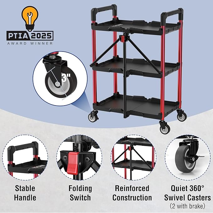 WORKPRO 3-Tier Collapsible Service Cart, 210 LBS Foldable Utility Service Cart with Wheels, Portable Tool Cart for Garage, Warehouse, Home, Restaurant, Office (No Assembly Required)