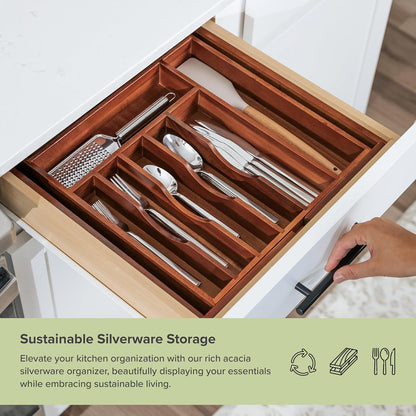 Premium Silverware, Flatware and Utensil Organizer for Kitchen Drawers, Expandable 14.5 to 25 Inches Wide, 10 Compartments, Food-Safe Premium Acacia Wood Finish Kitchen Storage Tray