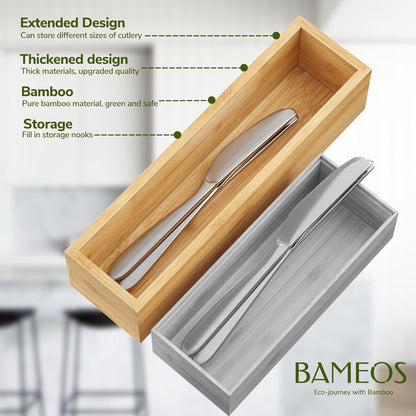 BAMEOS Kitchen Drawer Organizer,Small Silverware Drawer Organizer,Bamboo Utensil Organizer for Bathroom, Dressing Room, Office, Pantry (Natural, 11"x 3") Set of 2