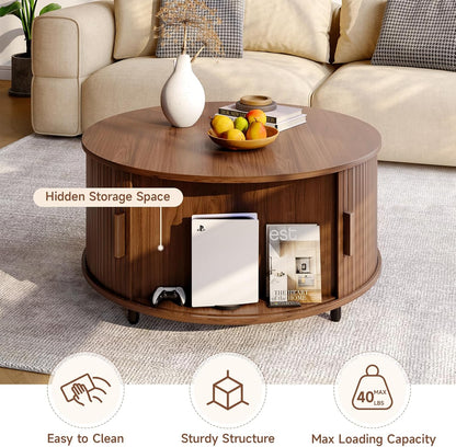 Round Coffee Table with Storage, 31.5" Modern Coffee Table with 360° Curved Sliding Door, Fluted Wood Accent Coffee Table with Adjustable Footpads, Round Center Table for Living Room, Walnut