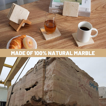 BCS Square Marble Coasters Set of 6 with Holder - Premium Travertine Drink Coasters for Coffee Table, Durable Cup Mats for Wine, Beer, Cocktails - Elegant Home & Bar Decor