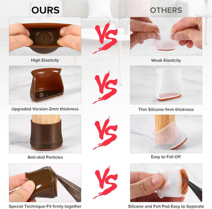 24PCS Upgraded Silicone Chair Leg Floor Protectors for Hardwood Floors, Furniture Sliders for Chair Legs, Felt Bottom Furniture Pads, Anti-Slip Round&Square Cap Covers to Scratch and Reduce Noise