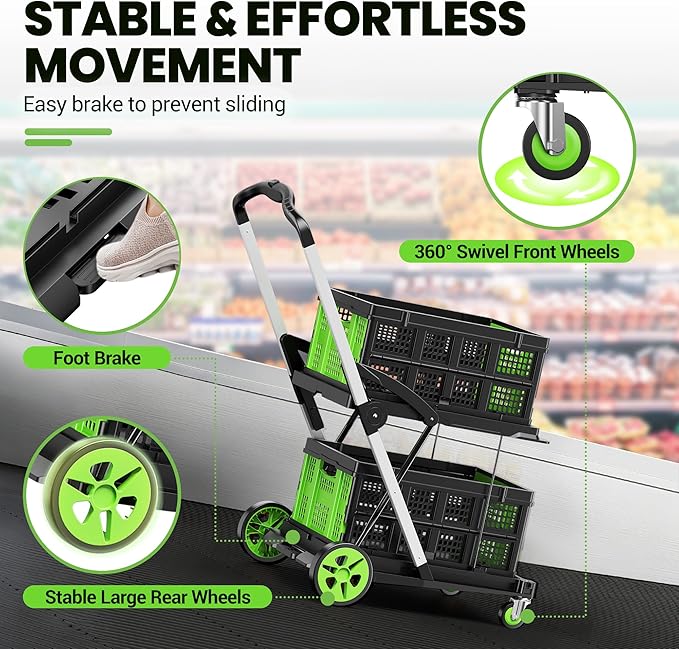 Collapsible Shopping Cart, 8-in-1 200LBS Multi Functional Utility Cart with 2 Storage Crate,Adjustable Handle Grocery Cart on Wheels for Shopping/Warehouse/Office/Supermarket -Green