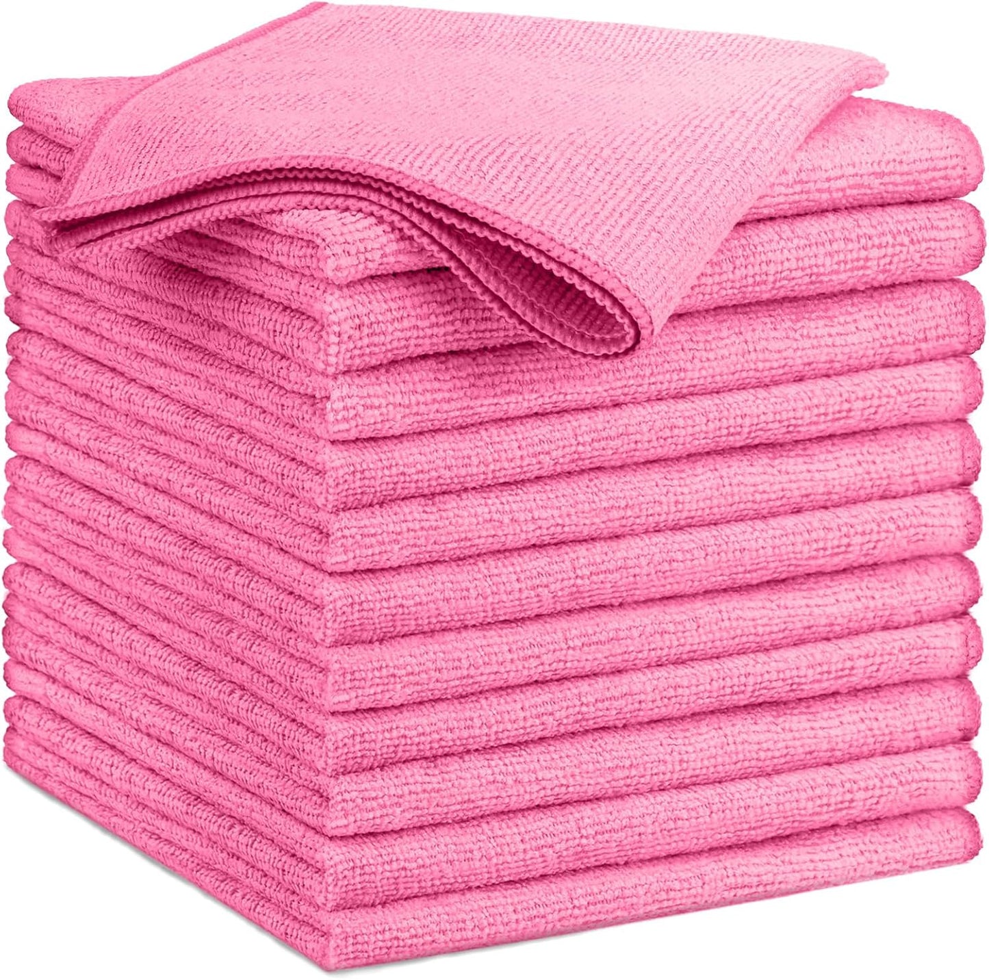 GLIMGLINT Pink Microfiber Cleaning Cloth, 12 Pack Cleaning Towels for Kitchen, Lint Free, Scratch-Free, Highly Absorbent, and Reusable Cleaning Rags for House, Window and Glass, Cars, 14"X12"