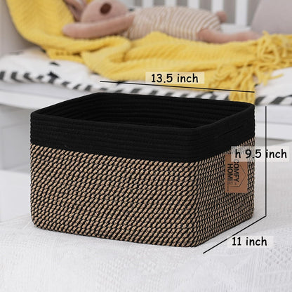 COMFY-HOMI Cotton Rope Woven Basket with Handles for Shelves,Toys,Book, Cloth Storage Baskets Bin for Organizing-13.5"x11"x9.5" Toy Decorative Organizer for Living Room, Bathroom-Black/Jute