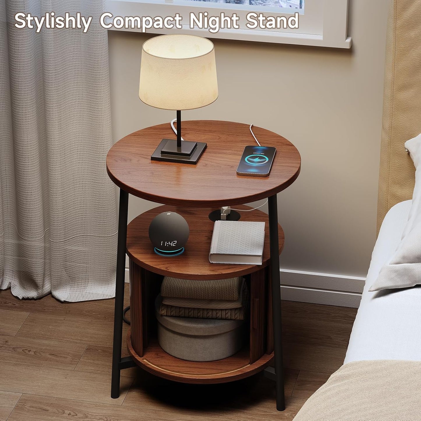 Round Side Table with Storage, Fluted Nightstand with Charging Station, Small Mid-Century Modern Bedside Tables, Walnut End Tables for Small Space Living Room Bedroom Sofa Couch