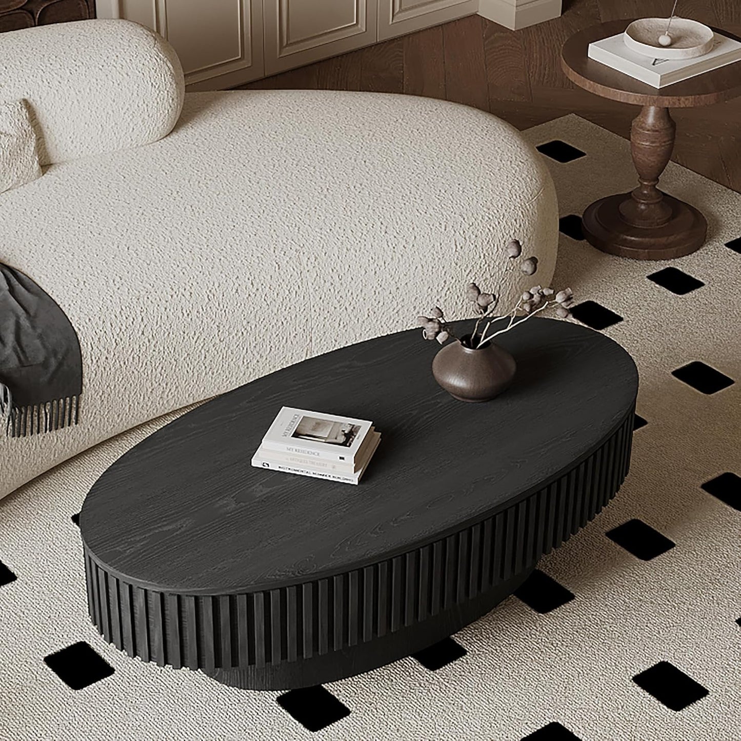 47.2''Oval Coffee Table with Storage, Mid Century Modern Fluted Drum Center Tables with Lid, Solid Wood Side Pedestal Coffee Table Tea Table for Living Room, Bedroom, Apartment-Black