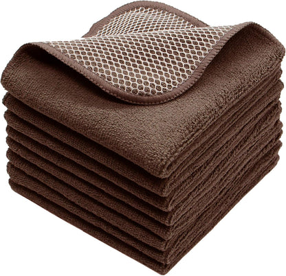 Microfiber Dish Cloths Fast Drying Kitchen Cleaning Cloth Dish Rags Dust Cloths Ultra Absorbent Lint Free Washcloths with Poly Scrub Side 12inch x 12inch 8 Pack (Brown)