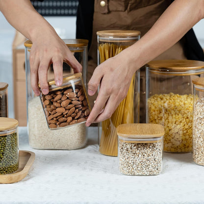 22oz Airtight Square Spice Containers with Bamboo Lid Set of 6 (650ml) Kitchen Pantry Organization Jar Stackable Spice Jar, for Sugar, Tea, Cookies and Coffee beans (‎with Black Lable)