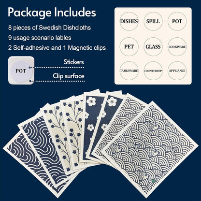 Swedish Dishcloths for Kitchen, 8 Pack Japanese Pattern Reusable Paper Towels with Clips, Non-Scratch Swedish Dish Towels, Super Absorbent Cellulose Dish Cloths, No Odor