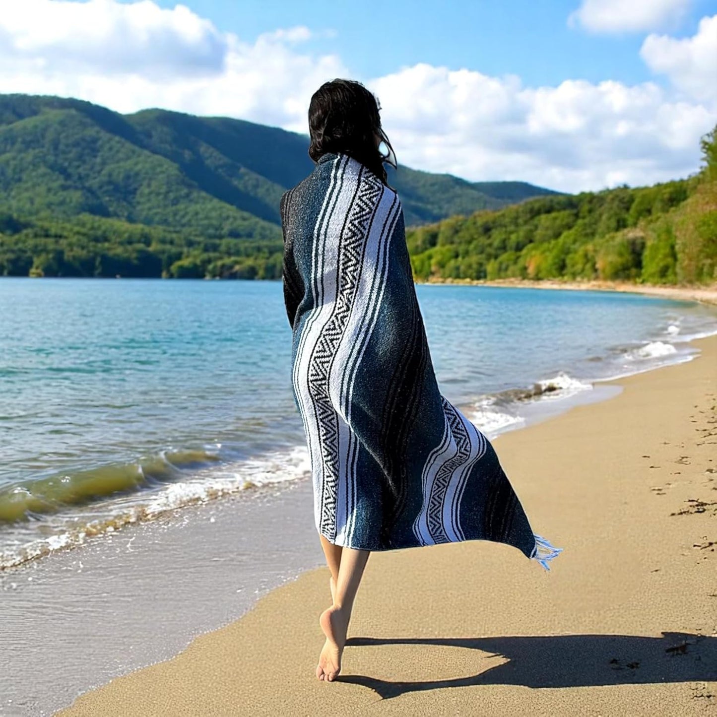 Traditional Handwoven Mexican Blanket, Large Falsa Serape - Soft & Durable - Vibrant Beach, Picnic, Yoga & Camping Mat - Lightweight Boho Throw 70"x50" (Onyx)