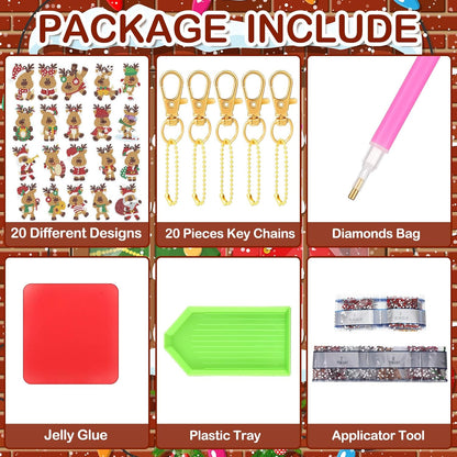 Tondiamo 20 Pcs Christmas Diamond Painting Keychain Kits 5D DIY Diamond Art Pendants Double Sided Hanging Key Chains for Christmas Party Decoration DIY(Deer Style)