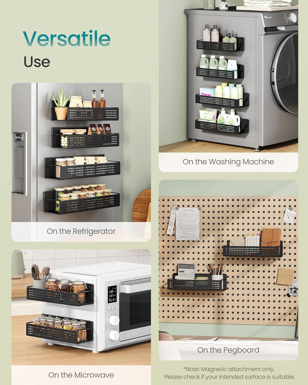 SONGMICS Magnetic Spice Rack for Refrigerator, Set of 4, 2 Large and 2 Small Kichen Magnetic Shelves for Microwave, Washing Machine, Spice Organizers, No Drilling Needed, Ink Black UKCS061B01