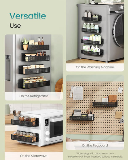 SONGMICS Magnetic Spice Rack for Refrigerator, Set of 4, 2 Large and 2 Small Kichen Magnetic Shelves for Microwave, Washing Machine, Spice Organizers, No Drilling Needed, Ink Black UKCS061B01